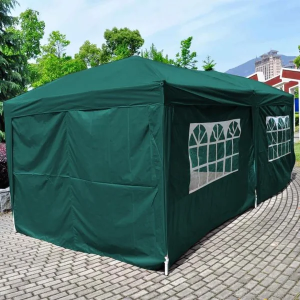 Tente de Réception Pliante à 4 Pans avec 2 Fenêtres en PVC Sac de Transport en Fer et Tissu, 3 m x 6 m, Vert