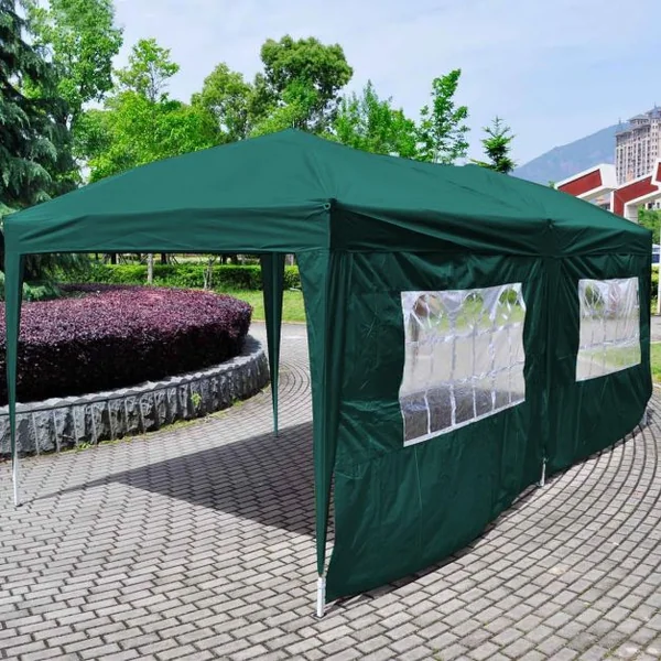Tente de Réception Pliante à 4 Pans avec 2 Fenêtres en PVC Sac de Transport en Fer et Tissu, 3 m x 6 m, Vert