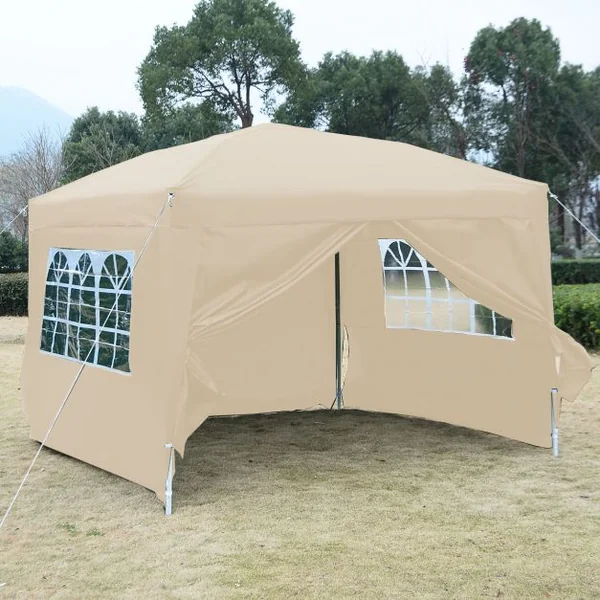 Tente de réception Tonnelle Chapiteau avec fenêtres côtés démontables, Poteau acier Toile tissu Oxford, 3x6x2.55m, Beige
