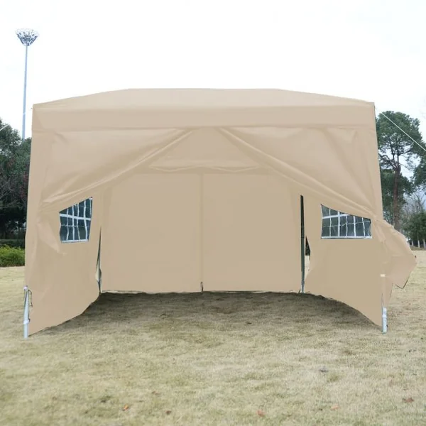 Tente de réception Tonnelle Chapiteau avec fenêtres côtés démontables, Poteau acier Toile tissu Oxford, 3x6x2.55m, Beige