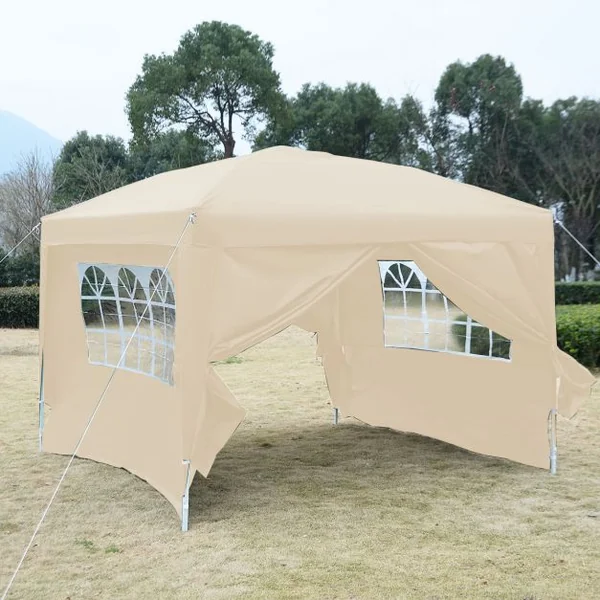 Tente de réception Tonnelle Chapiteau avec fenêtres côtés démontables, Poteau acier Toile tissu Oxford, 3x6x2.55m, Beige