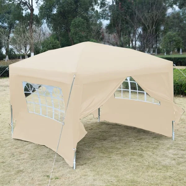 Tente de réception Tonnelle Chapiteau avec fenêtres côtés démontables, Poteau acier Toile tissu Oxford, 3x6x2.55m, Beige