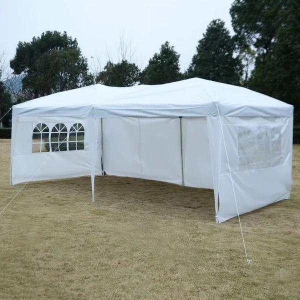 Tente de réception Tonnelle Chapiteau avec fenêtres côtés démontables, Poteau acier Toile tissu Oxford, 3x6x2.55m, Blanc