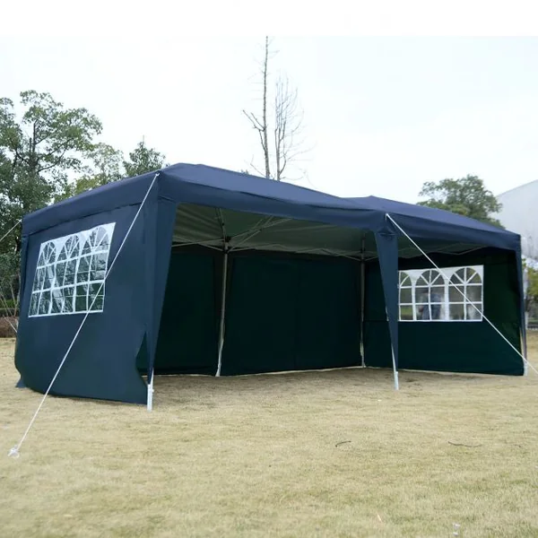 Tente de réception Tonnelle Chapiteau avec fenêtres côtés démontables, Poteau acier Toile tissu Oxford, 3x6x2.55m, Bleu