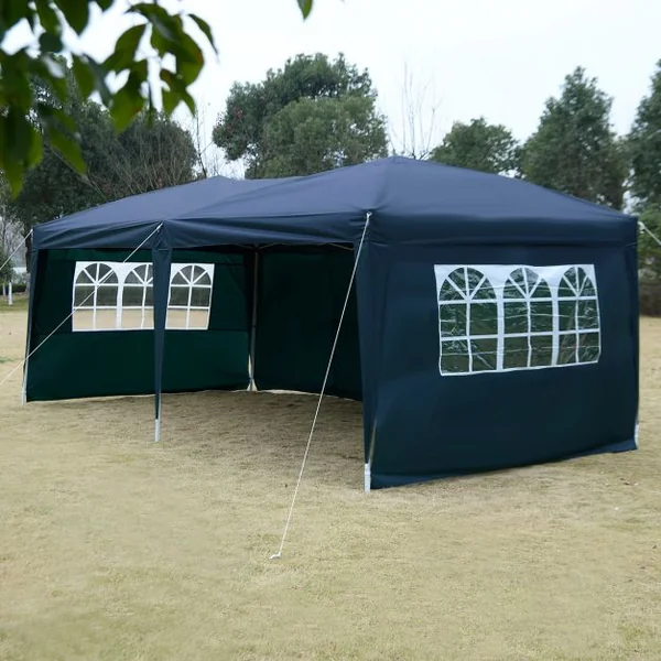 Tente de réception Tonnelle Chapiteau avec fenêtres côtés démontables, Poteau acier Toile tissu Oxford, 3x6x2.55m, Bleu
