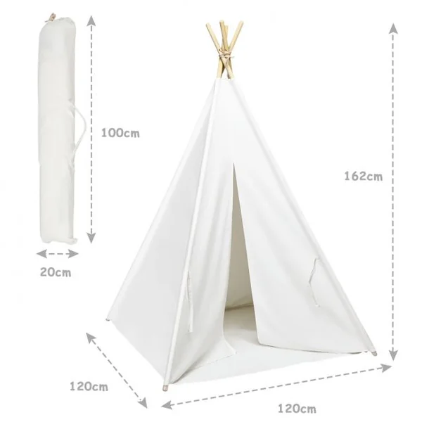 Tente Tipi de Jeu pour Enfants Tente Indienne avec 4 Poteaux 1 Sac et Tapis de Sol en Pin 120x120x160cm Blanc