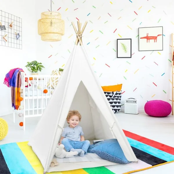 Tente Tipi de Jeu pour Enfants Tente Indienne avec 4 Poteaux 1 Sac et Tapis de Sol en Pin 120x120x160cm Blanc