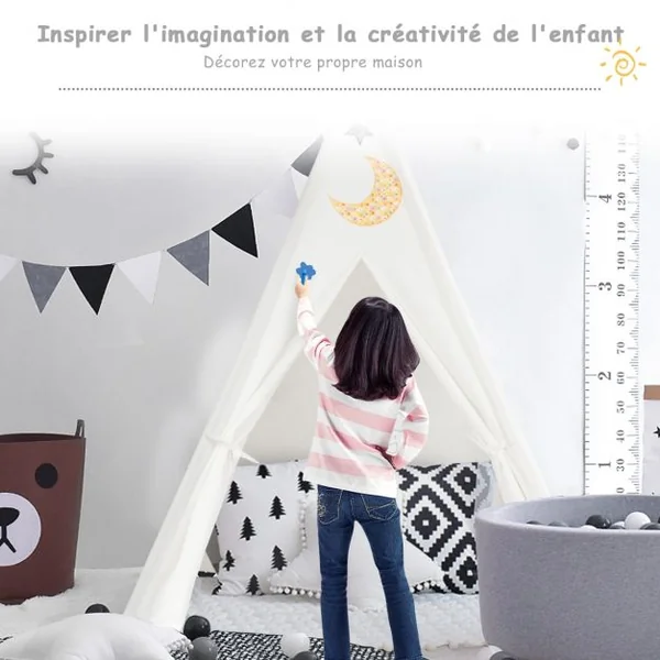 Tente Tipi de Jeu pour Enfants Tente Indienne avec 4 Poteaux 1 Sac et Tapis de Sol en Pin 120x120x160cm Blanc