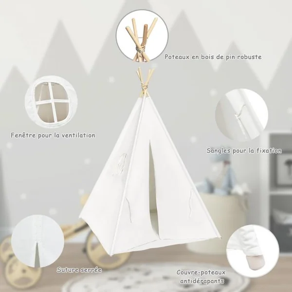 Tente Tipi de Jeu pour Enfants Tente Indienne avec 4 Poteaux 1 Sac et Tapis de Sol en Pin 120x120x160cm Blanc