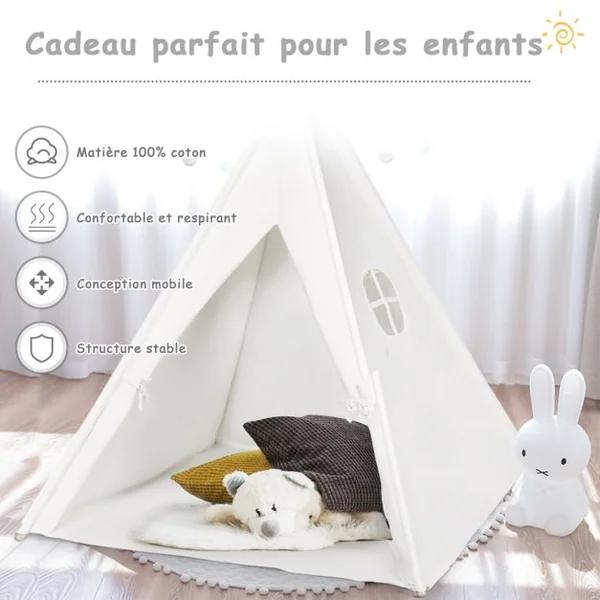 Tente Tipi de Jeu pour Enfants Tente Indienne avec 4 Poteaux 1 Sac et Tapis de Sol en Pin 120x120x160cm Blanc
