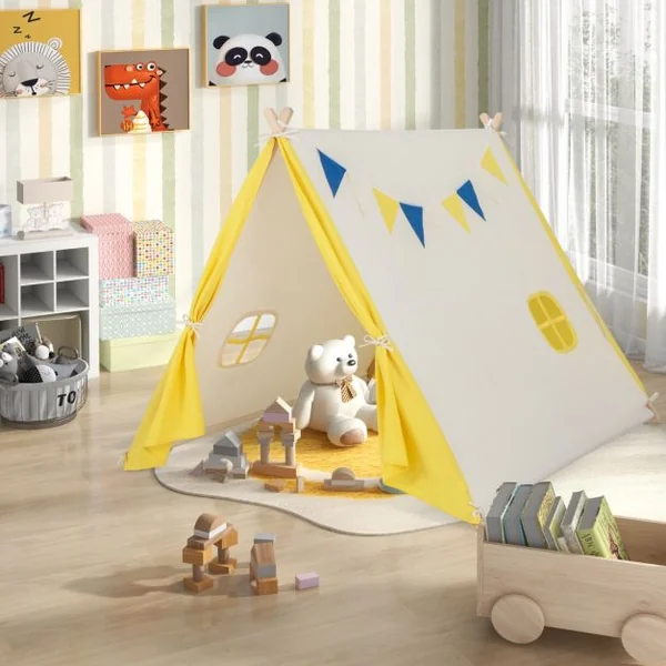 Tente Tipi pour Enfants en Coton avec Drapeaux Décoratifs & Fenêtre Structure Stable en Bois 137 x 145 x 121 CM Intérieur et Extérieur Beige