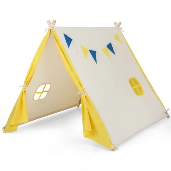 Tente Tipi pour Enfants en Coton avec Drapeaux Décoratifs & Fenêtre Structure Stable en Bois 137 x 145 x 121 CM Intérieur et Extérieur Beige