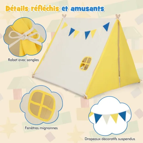 Tente Tipi pour Enfants en Coton avec Drapeaux Décoratifs & Fenêtre Structure Stable en Bois 137 x 145 x 121 CM Intérieur et Extérieur Beige
