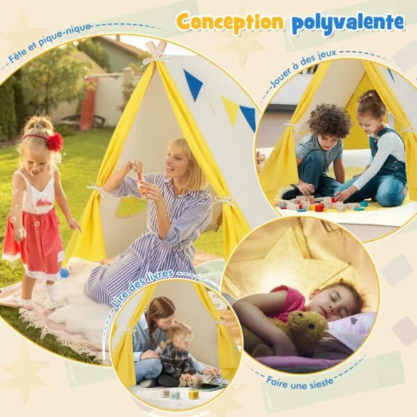 Tente Tipi pour Enfants en Coton avec Drapeaux Décoratifs & Fenêtre Structure Stable en Bois 137 x 145 x 121 CM Intérieur et Extérieur Beige