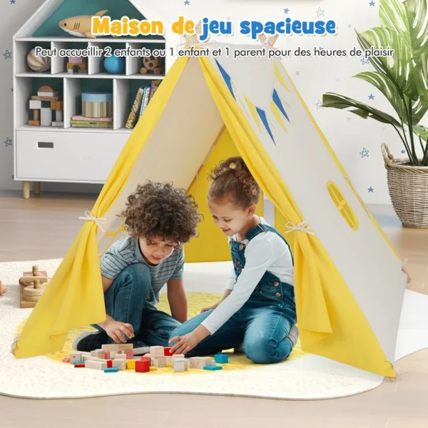 Tente Tipi pour Enfants en Coton avec Drapeaux Décoratifs & Fenêtre Structure Stable en Bois 137 x 145 x 121 CM Intérieur et Extérieur Beige