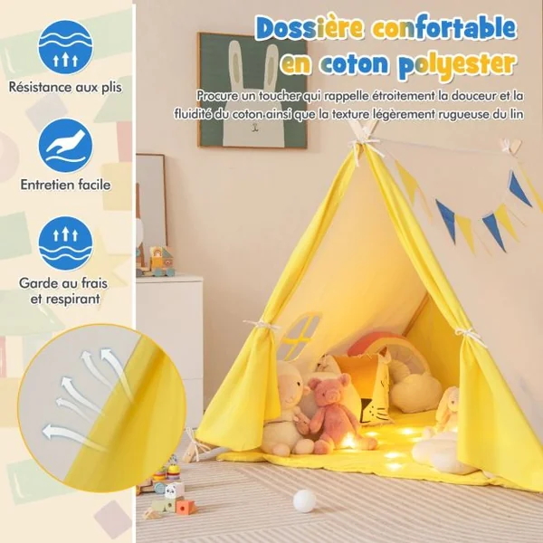 Tente Tipi pour Enfants en Coton avec Drapeaux Décoratifs & Fenêtre Structure Stable en Bois 137 x 145 x 121 CM Intérieur et Extérieur Beige