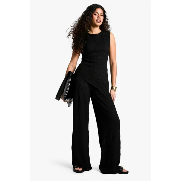 Texturé Ensemble Coordonné Haut Sans Manches à Ourlet Asymétrique et Pantalon