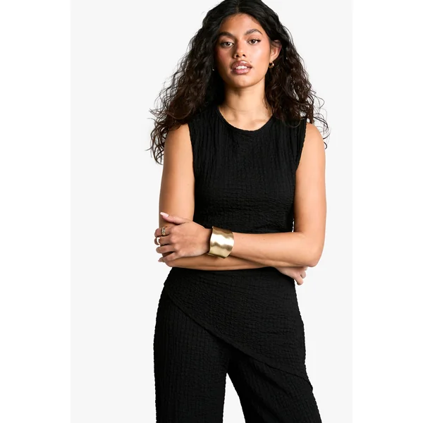 Texturé Ensemble Coordonné Haut Sans Manches à Ourlet Asymétrique et Pantalon