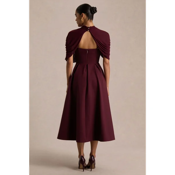 Thalia | Robe mi-longue bordeaux à encolure haute avec cape en mesh transparent