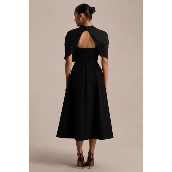 Thalia | Robe mi-longue noire à encolure haute avec cape en mesh transparent