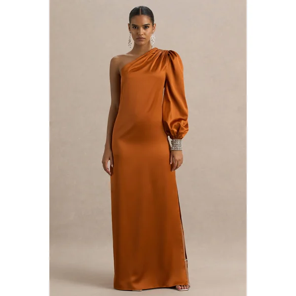 Thelma | Robe longue asymétrique en satin orange avec une manche
