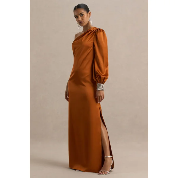 Thelma | Robe longue asymétrique en satin orange avec une manche