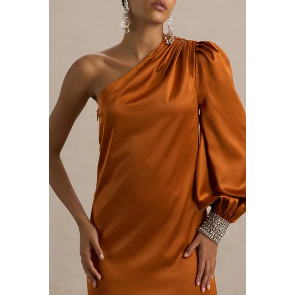 Thelma | Robe longue asymétrique en satin orange avec une manche