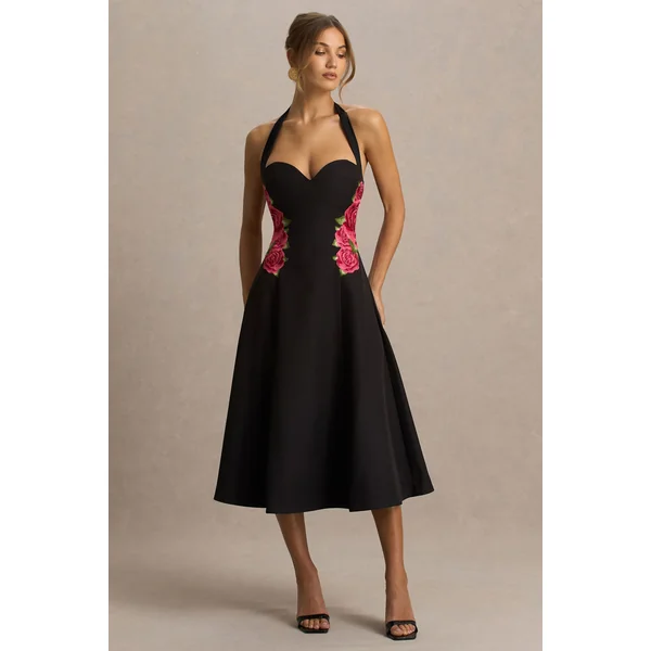 Tillie | Robe mi-longue noire à encolure américaine