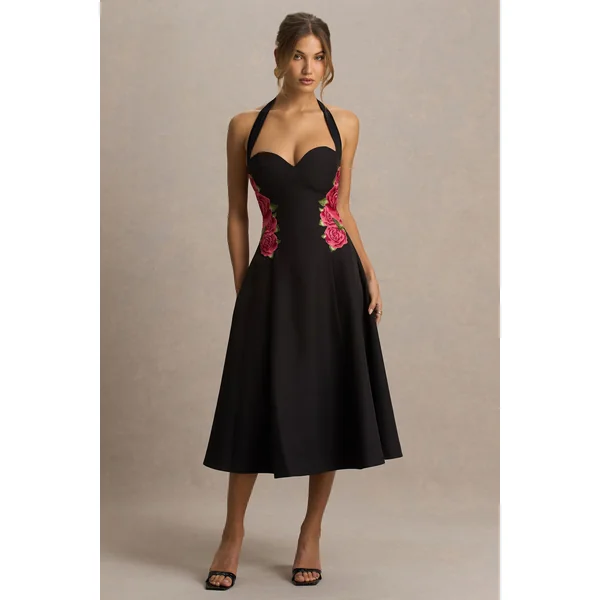 Tillie | Robe mi-longue noire à encolure américaine