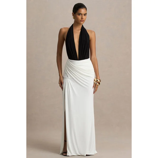 Tilly | Robe longue noire et blanche à encolure plongeante extrême avec détails drapés et froncés