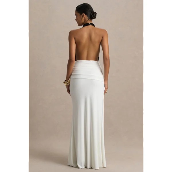 Tilly | Robe longue noire et blanche à encolure plongeante extrême avec détails drapés et froncés