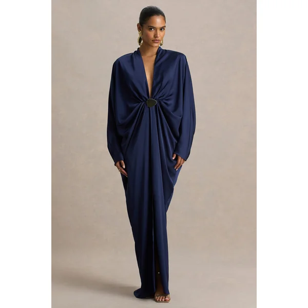 Tina | Robe longue en satin bleu marine ornée avec décolleté plongeant