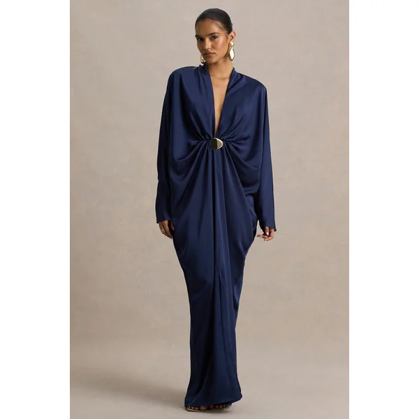 Tina | Robe longue en satin bleu marine ornée avec décolleté plongeant