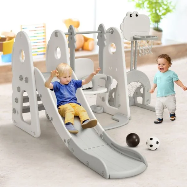 Toboggan 6 en 1 : Balançoire Basket-ball Football Escalade Golf pour Enfants 18 Mois + Aire de Jeux Intérieure en HDPE Blanc/Orange