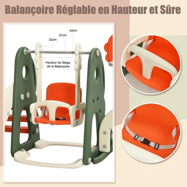 Toboggan 6 en 1 : Balançoire Basket-ball Football Escalade Golf pour Enfants 18 Mois + Aire de Jeux Intérieure en HDPE Blanc/Orange