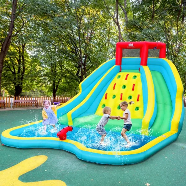 Toboggan Aquatique Gonflable 5 en 1 avec Pataugeoire Aire de Jeux Gonflable en Oxford avec Mur d'Escalade avec ventilateur