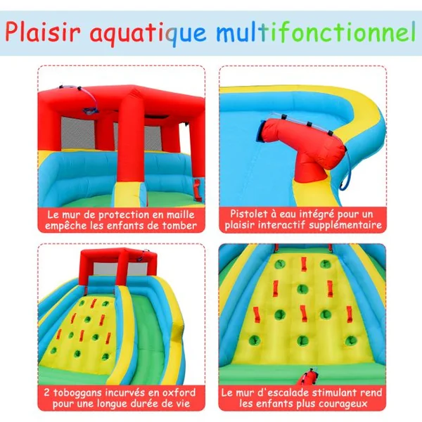 Toboggan Aquatique Gonflable 5 en 1 avec Pataugeoire Aire de Jeux Gonflable en Oxford avec Mur d'Escalade avec ventilateur