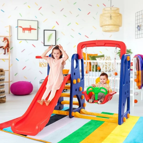 Toboggan Enfants Aire de Jeux 3 en 1 avec Balançoire Portique Panier de Basketball Escalade