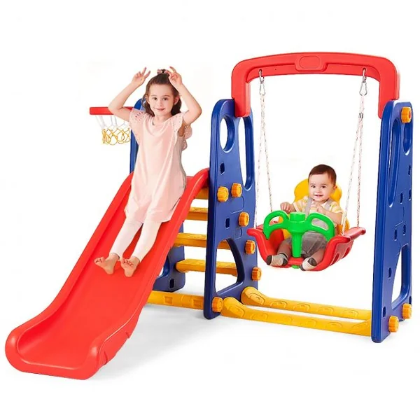 Toboggan Enfants Aire de Jeux 3 en 1 avec Balançoire Portique Panier de Basketball Escalade