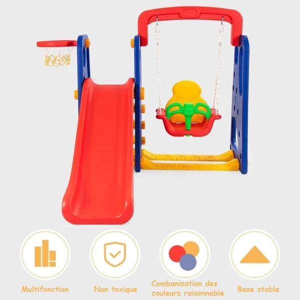 Toboggan Enfants Aire de Jeux 3 en 1 avec Balançoire Portique Panier de Basketball Escalade