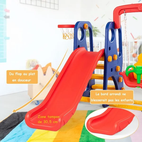 Toboggan Enfants Aire de Jeux 3 en 1 avec Balançoire Portique Panier de Basketball Escalade