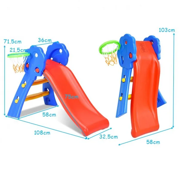 Toboggan Pliable pour Enfants de 3-8 Ans avec Panier de Basket Capacité 50 kg en HDPE, 108x68x71,5cm, Bleu+Rouge
