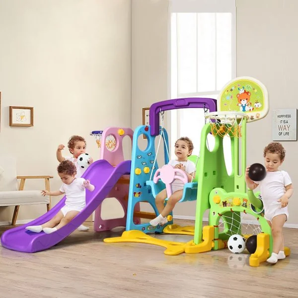 Toboggan pour Enfants Aire de Jeux 6 en 1 Balançoire Portique Panier de Basketball Escalade But de Football