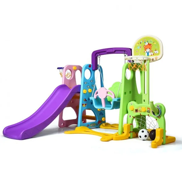 Toboggan pour Enfants Aire de Jeux 6 en 1 Balançoire Portique Panier de Basketball Escalade But de Football