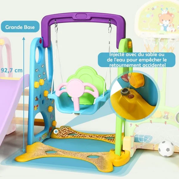 Toboggan pour Enfants Aire de Jeux 6 en 1 Balançoire Portique Panier de Basketball Escalade But de Football