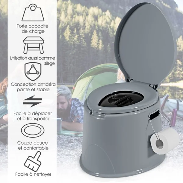 Toilette Portable pour Camping Extérieure avec Seau Intérieur 5L en PP Charge 200KG et Porte-papier de Toilette Amovible