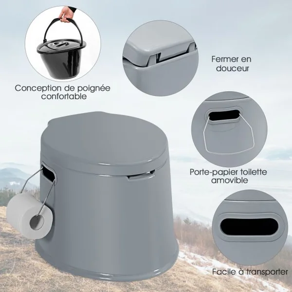 Toilette Portable pour Camping Extérieure avec Seau Intérieur 5L en PP Charge 200KG et Porte-papier de Toilette Amovible