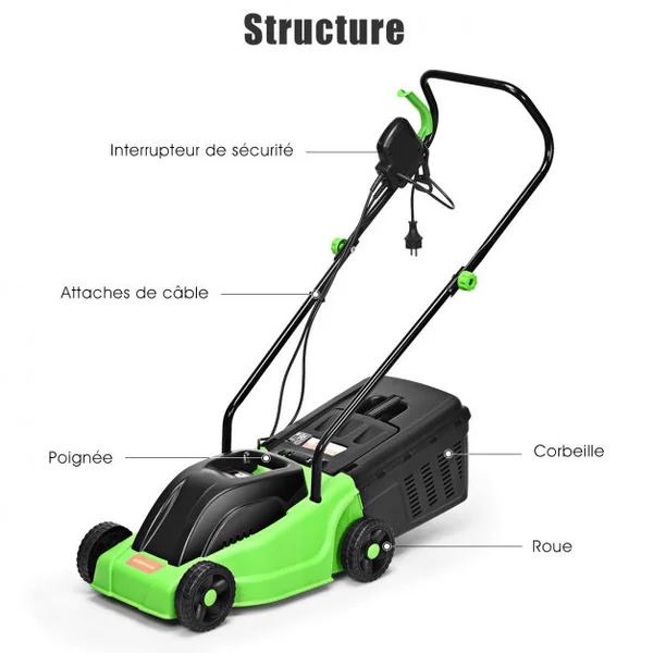 Tondeuse à Gazon Électrique 1000W 3200 tr/min Bac de Ramassage 25L Largeur de Coupe 30cm Coupe Ajustable 25-55cm