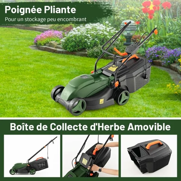 Tondeuse à Gazon Électrique Filaire 1200 W 3450 TR/Min Boîte de Collecte 25 L 3 Hauteur Réglables 25-65 MM Largeur de Coupe 32 CM Vert