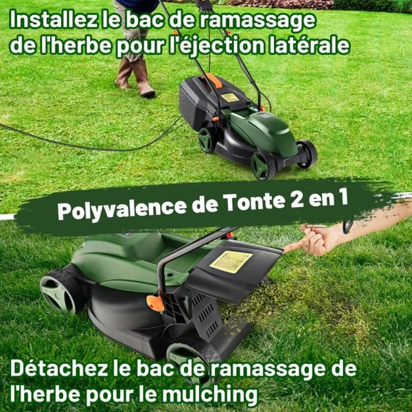 Tondeuse à Gazon Électrique Filaire 1200 W 3450 TR/Min Boîte de Collecte 25 L 3 Hauteur Réglables 25-65 MM Largeur de Coupe 32 CM Vert